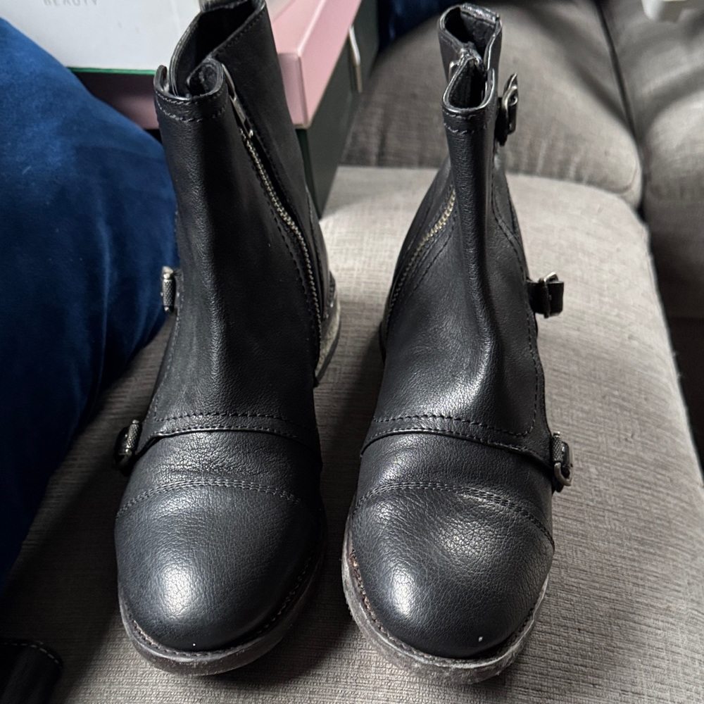 Frye Black Leather Ankle Boots with Buckles